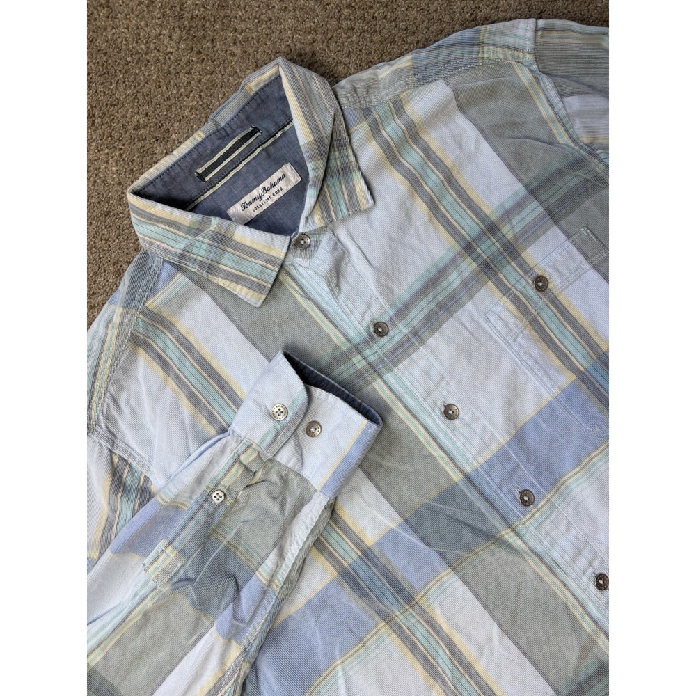 Tommy Bahama Coastline Cord Corduroy Shirt Mens L Blue Green Plaid Long Sleeve